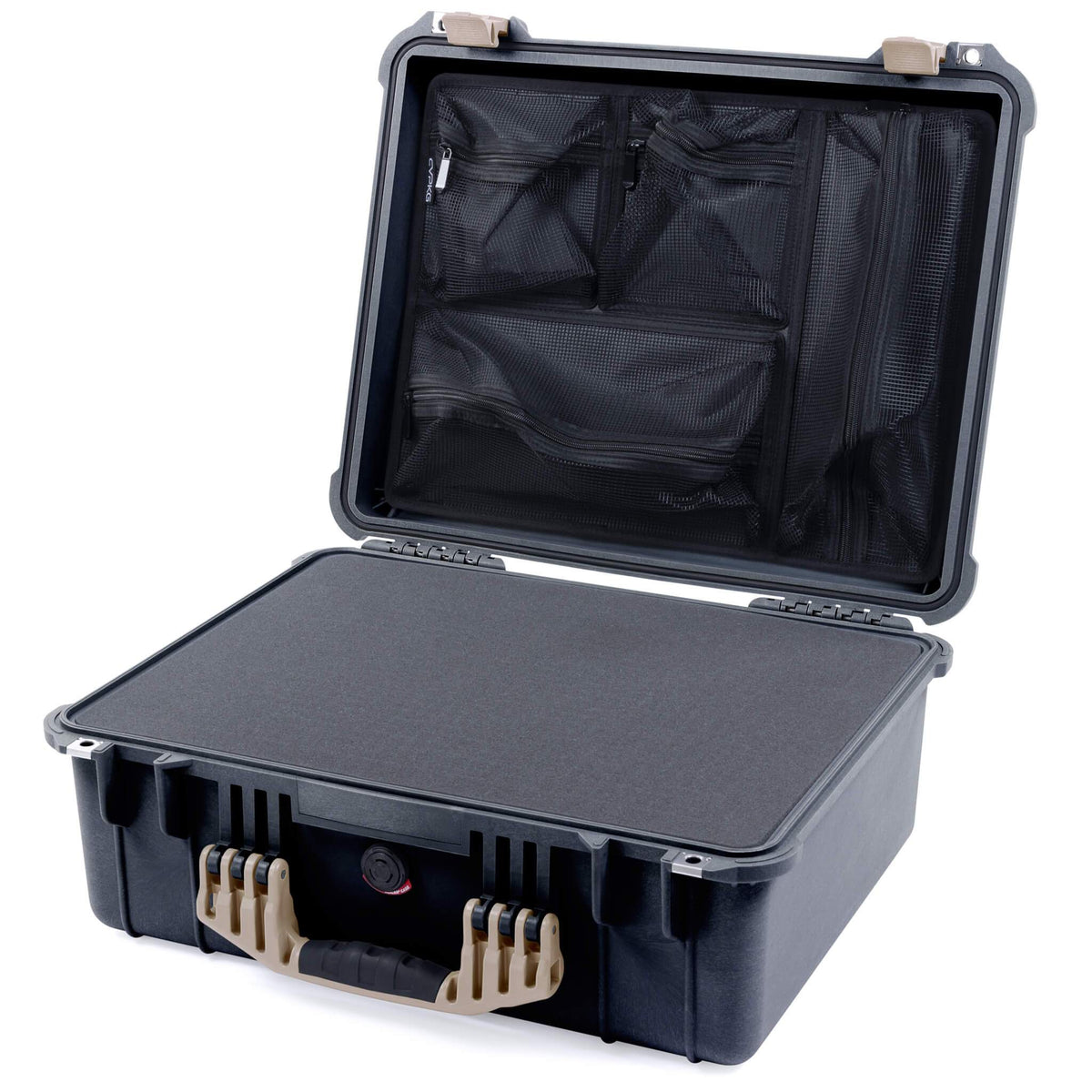 Pelican 1550 Case, Black with Desert Tan Handle &amp; Latches Pick &amp; Pluck Foam with Mesh Lid Organizer ColorCase 015500-0101-110-310