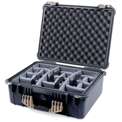 Pelican 1550 Case, Black with Desert Tan Handle & Latches Gray Padded Microfiber Dividers with Convolute Lid Foam ColorCase 015500-0070-110-310