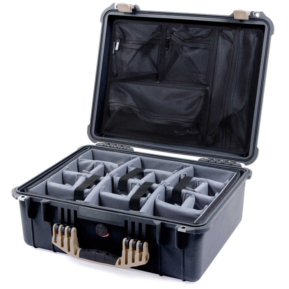 Pelican 1550 Case, Black with Desert Tan Handle &amp; Latches Gray Padded Microfiber Dividers with Mesh Lid Organizer ColorCase 015500-0170-110-310