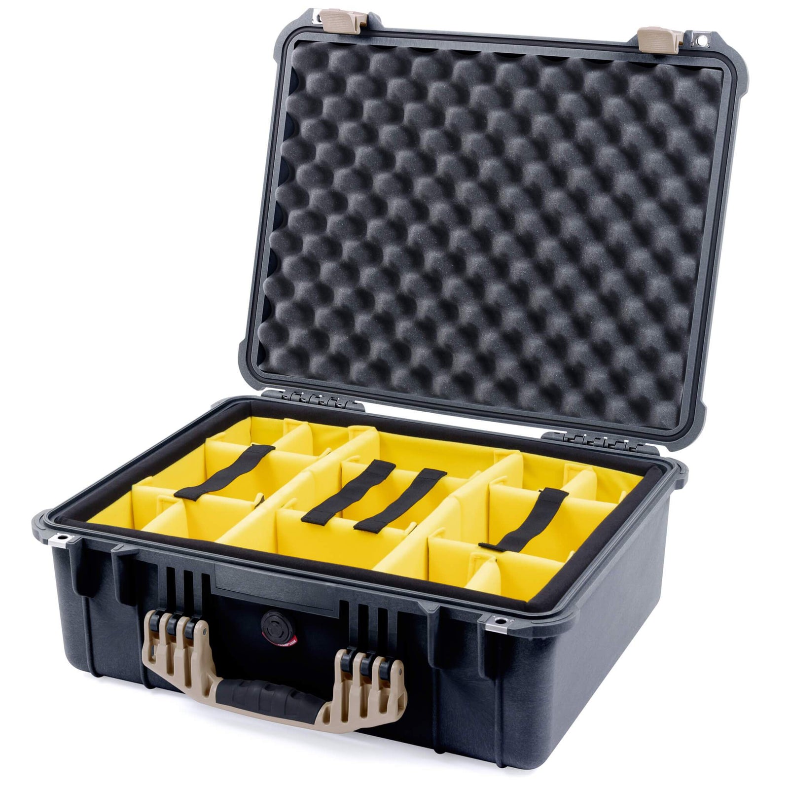 Pelican 1550 Case, Black with Desert Tan Handle & Latches Yellow Padded Microfiber Dividers with Convolute Lid Foam ColorCase 015500-0010-110-310