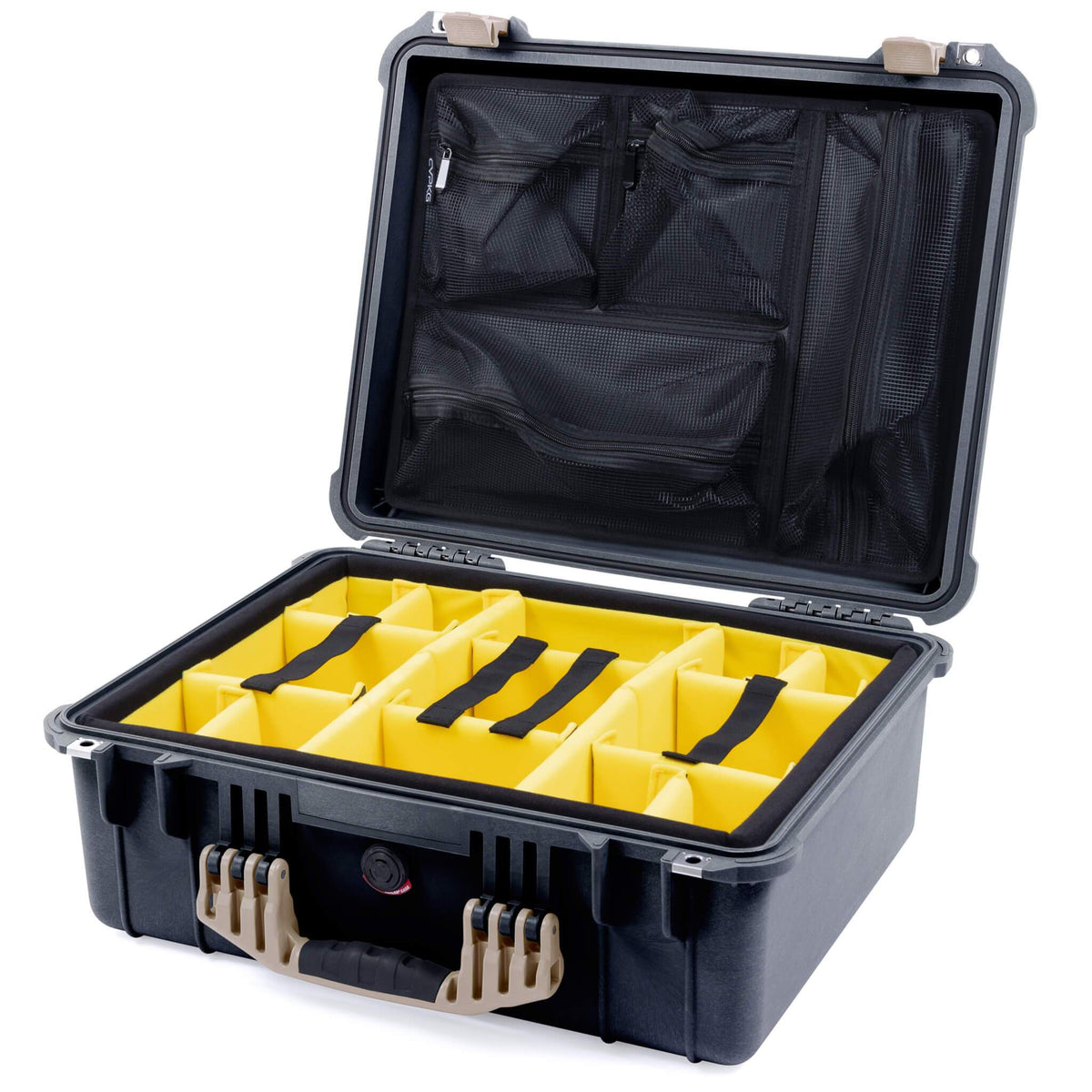 Pelican 1550 Case, Black with Desert Tan Handle &amp; Latches Yellow Padded Microfiber Dividers with Mesh Lid Organizer ColorCase 015500-0110-110-310