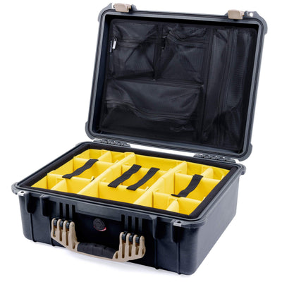 Pelican 1550 Case, Black with Desert Tan Handle & Latches Yellow Padded Microfiber Dividers with Mesh Lid Organizer ColorCase 015500-0110-110-310