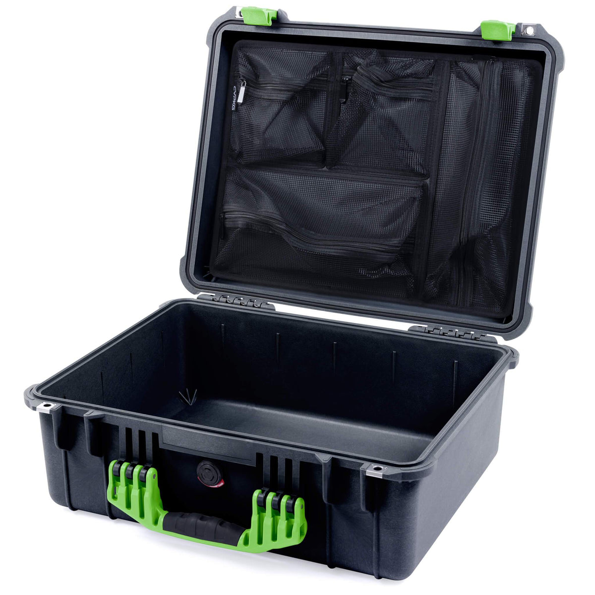 Pelican 1550 Case, Black with Lime Green Handle &amp; Latches Mesh Lid Organizer Only ColorCase 015500-0100-110-300