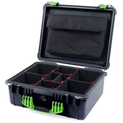 Pelican 1550 Case, Black with Lime Green Handle & Latches TrekPak Divider System with Computer Pouch ColorCase 015500-0220-110-300