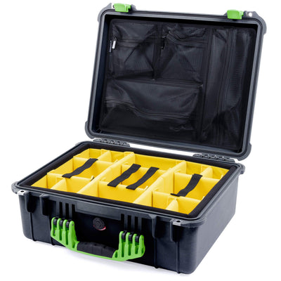 Pelican 1550 Case, Black with Lime Green Handle & Latches Yellow Padded Microfiber Dividers with Mesh Lid Organizer ColorCase 015500-0110-110-300