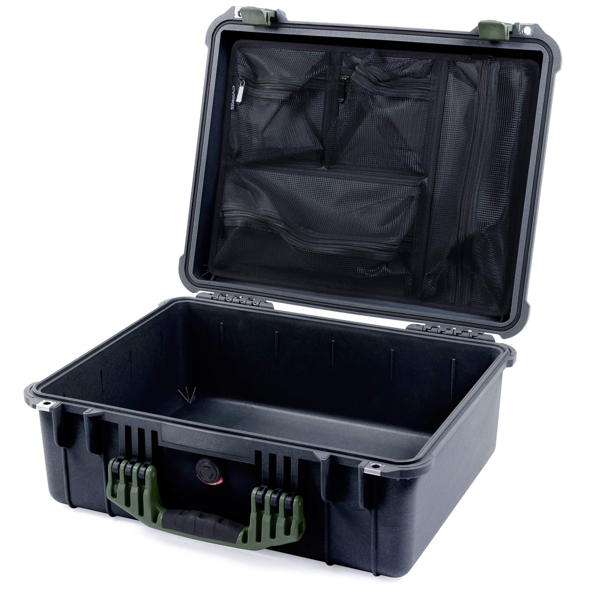 Pelican 1550 Case, Black with OD Green Handle &amp; Latches Mesh Lid Organizer Only ColorCase 015500-0100-110-130