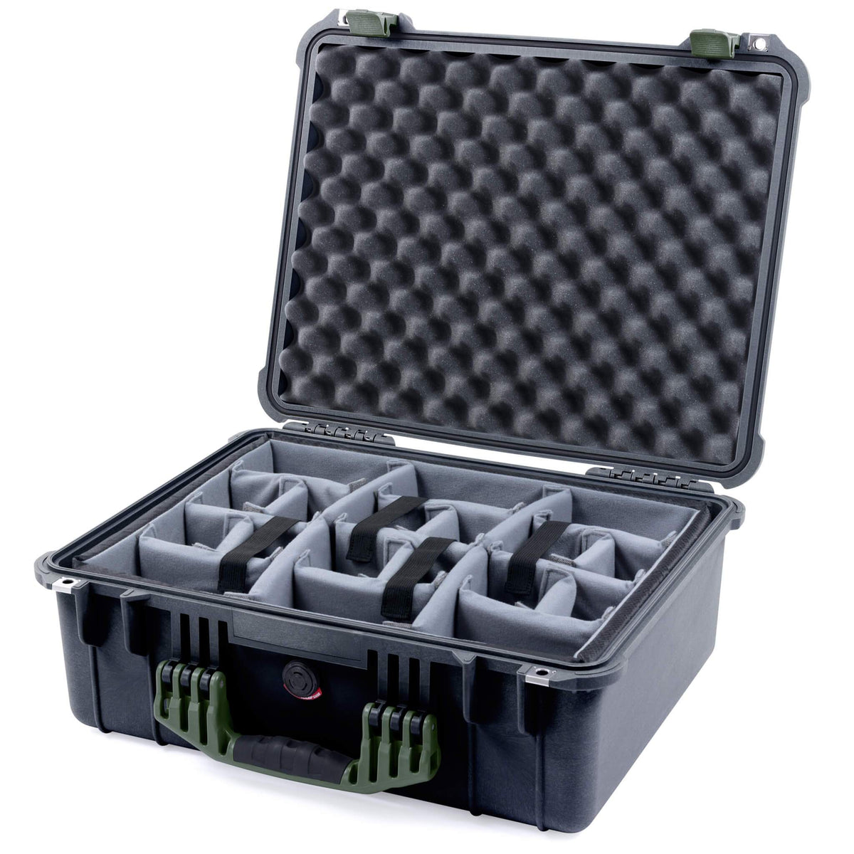 Pelican 1550 Case, Black with OD Green Handle &amp; Latches Gray Padded Microfiber Dividers with Convolute Lid Foam ColorCase 015500-0070-110-130