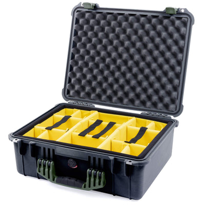 Pelican 1550 Case, Black with OD Green Handle & Latches Yellow Padded Microfiber Dividers with Convolute Lid Foam ColorCase 015500-0010-110-130