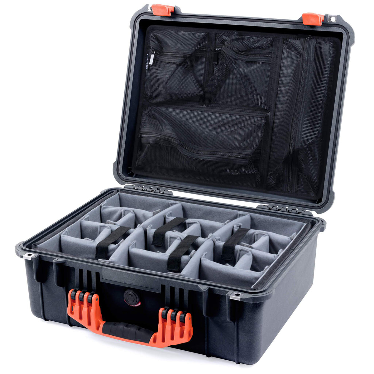 Pelican 1550 Case, Black with Orange Handle &amp; Latches Gray Padded Microfiber Dividers with Mesh Lid Organizer ColorCase 015500-0170-110-150