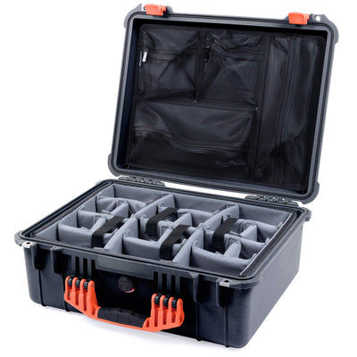 Pelican 1550 Case, Black with Orange Handle & Latches Gray Padded Microfiber Dividers with Mesh Lid Organizer ColorCase 015500-0170-110-150