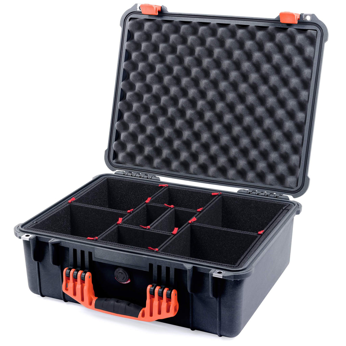 Pelican 1550 Case, Black with Orange Handle &amp; Latches TrekPak Divider System with Convolute Lid Foam ColorCase 015500-0020-110-150