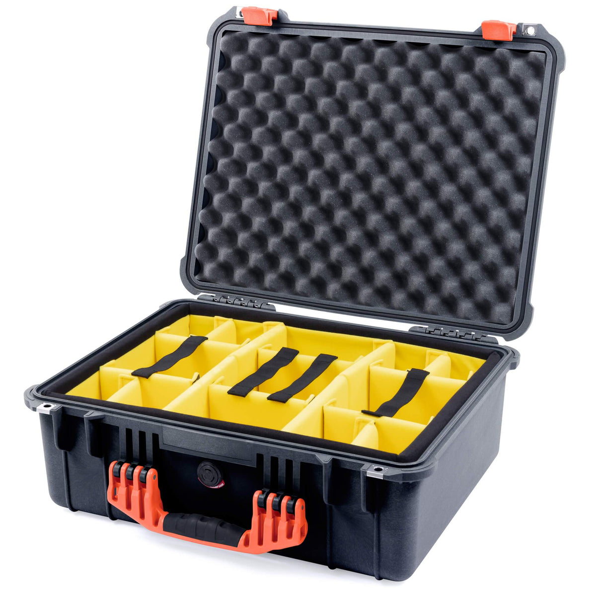 Pelican 1550 Case, Black with Orange Handle &amp; Latches Yellow Padded Microfiber Dividers with Convolute Lid Foam ColorCase 015500-0010-110-150