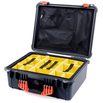 Pelican 1550 Case, Black with Orange Handle & Latches Yellow Padded Microfiber Dividers with Mesh Lid Organizer ColorCase 015500-0110-110-150