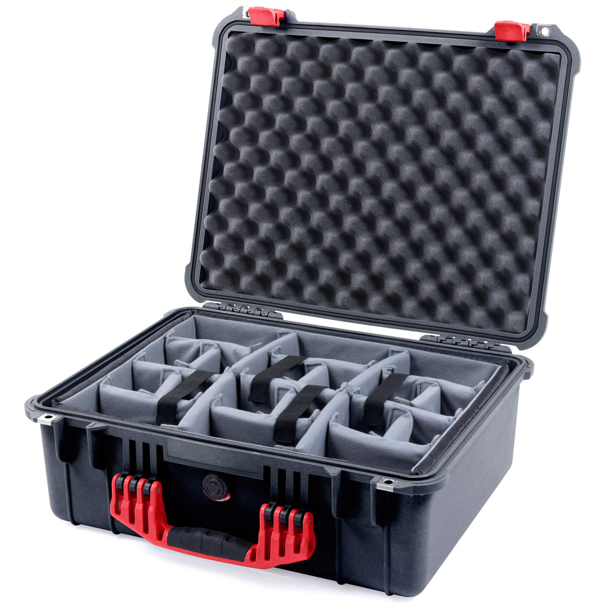 Pelican 1550 Case, Black with Red Handle &amp; Latches Gray Padded Microfiber Dividers with Convolute Lid Foam ColorCase 015500-0070-110-320