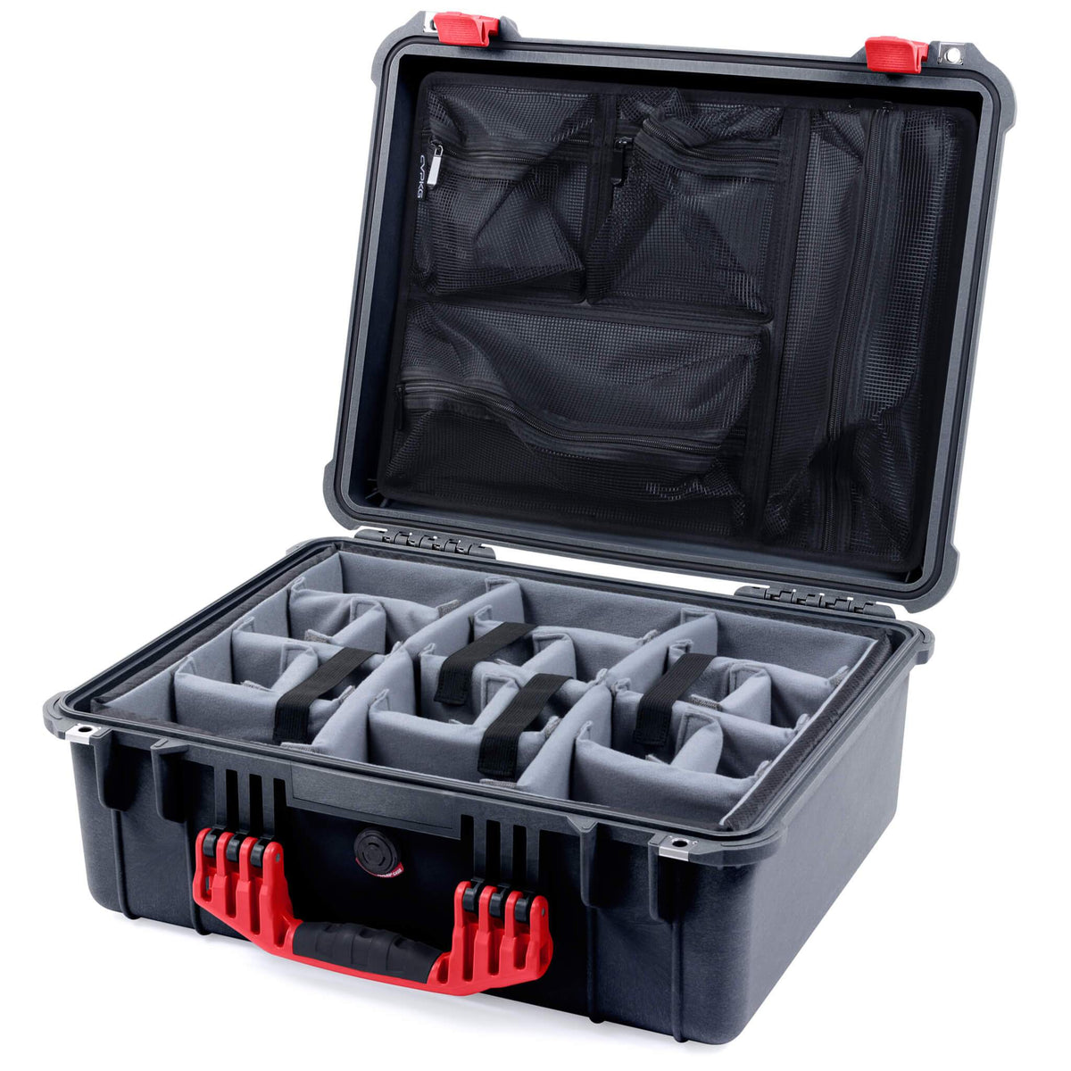 Pelican 1550 Case, Black with Red Handle &amp; Latches Gray Padded Microfiber Dividers with Mesh Lid Organizer ColorCase 015500-0170-110-320