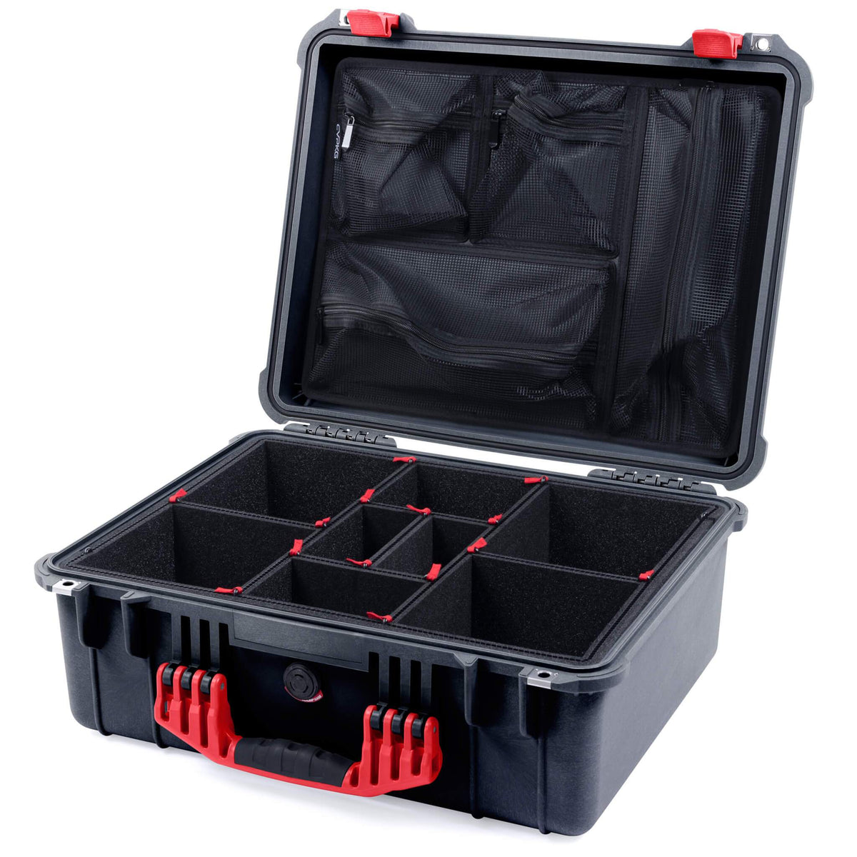 Pelican 1550 Case, Black with Red Handle &amp; Latches TrekPak Divider System with Mesh Lid Organizer ColorCase 015500-0120-110-320