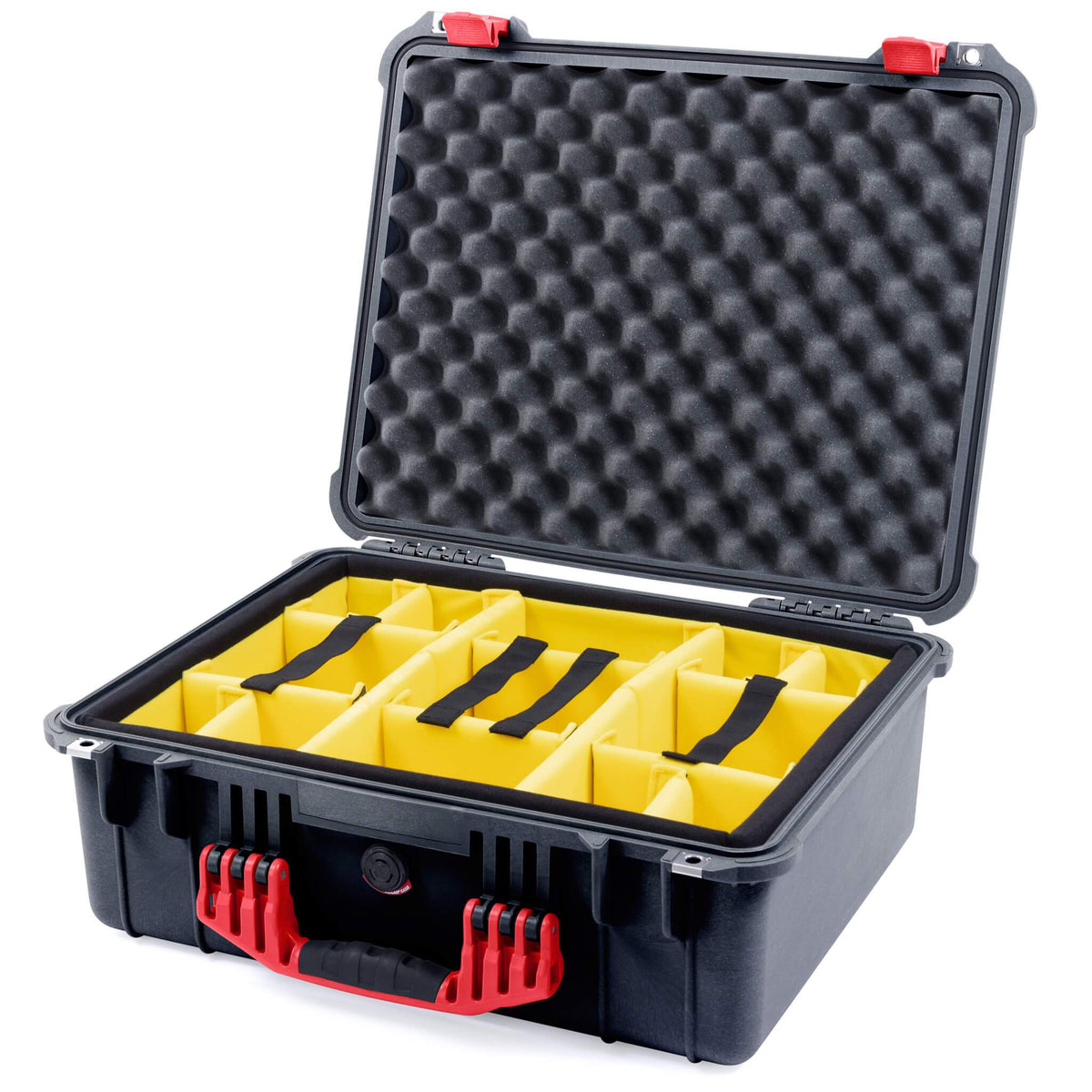 Pelican 1550 Case, Black with Red Handle &amp; Latches Yellow Padded Microfiber Dividers with Convolute Lid Foam ColorCase 015500-0010-110-320