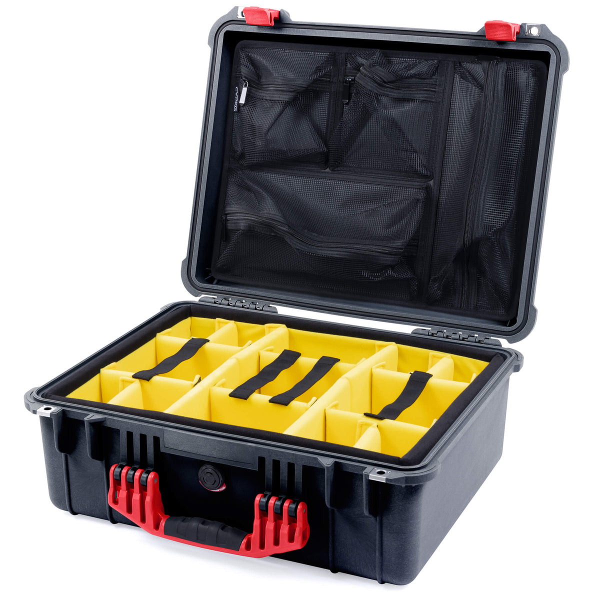 Pelican 1550 Case, Black with Red Handle &amp; Latches Yellow Padded Microfiber Dividers with Mesh Lid Organizer ColorCase 015500-0110-110-320