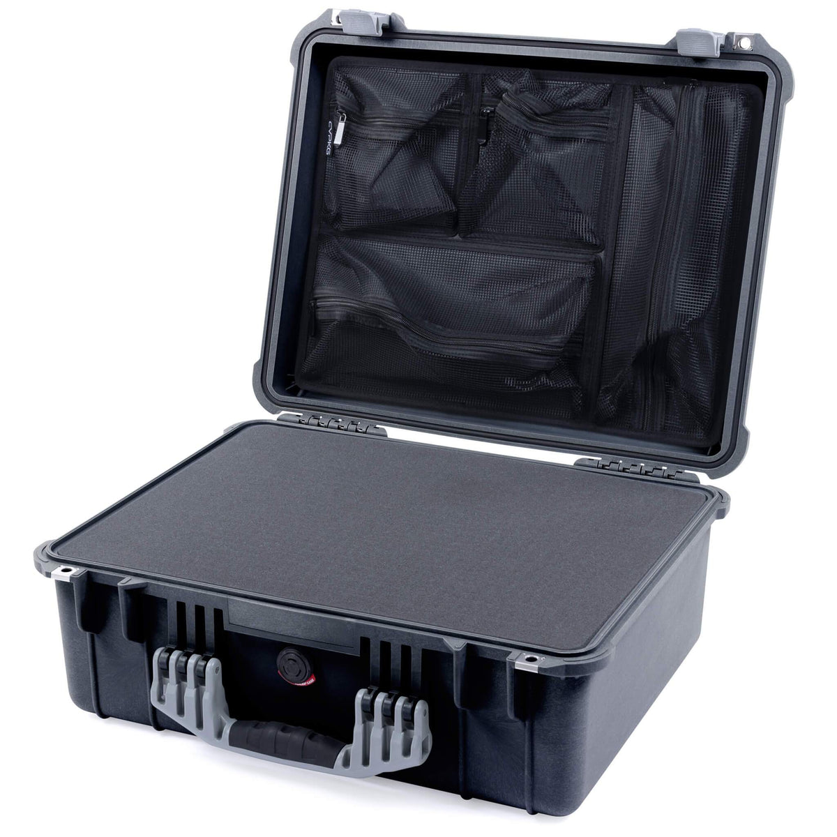 Pelican 1550 Case, Black with Silver Handle &amp; Latches Pick &amp; Pluck Foam with Mesh Lid Organizer ColorCase 015500-0101-110-180