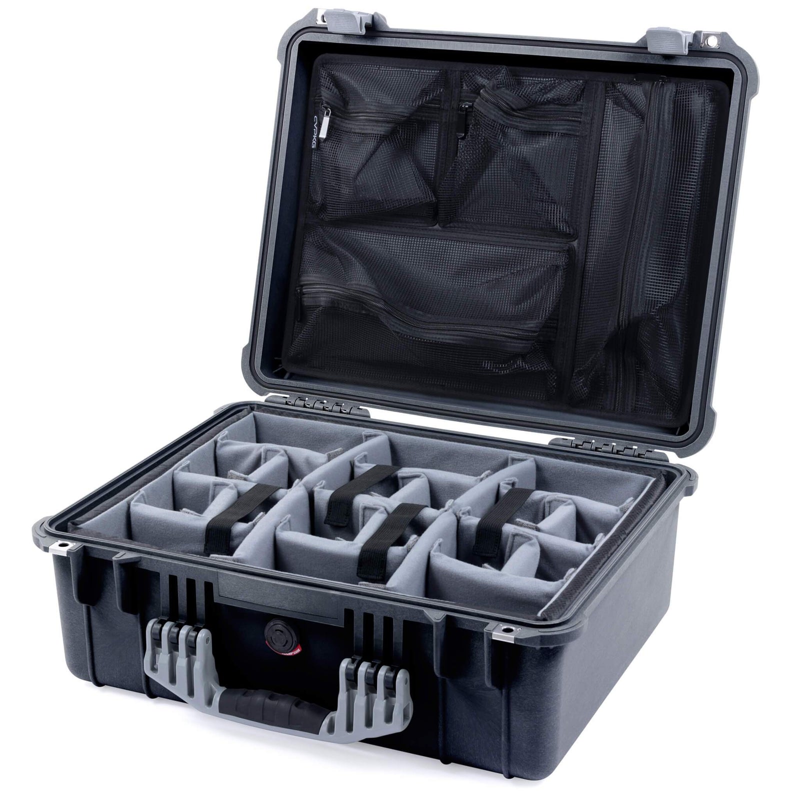 Pelican 1550 Case, Black with Silver Handle & Latches Gray Padded Microfiber Dividers with Mesh Lid Organizer ColorCase 015500-0170-110-180