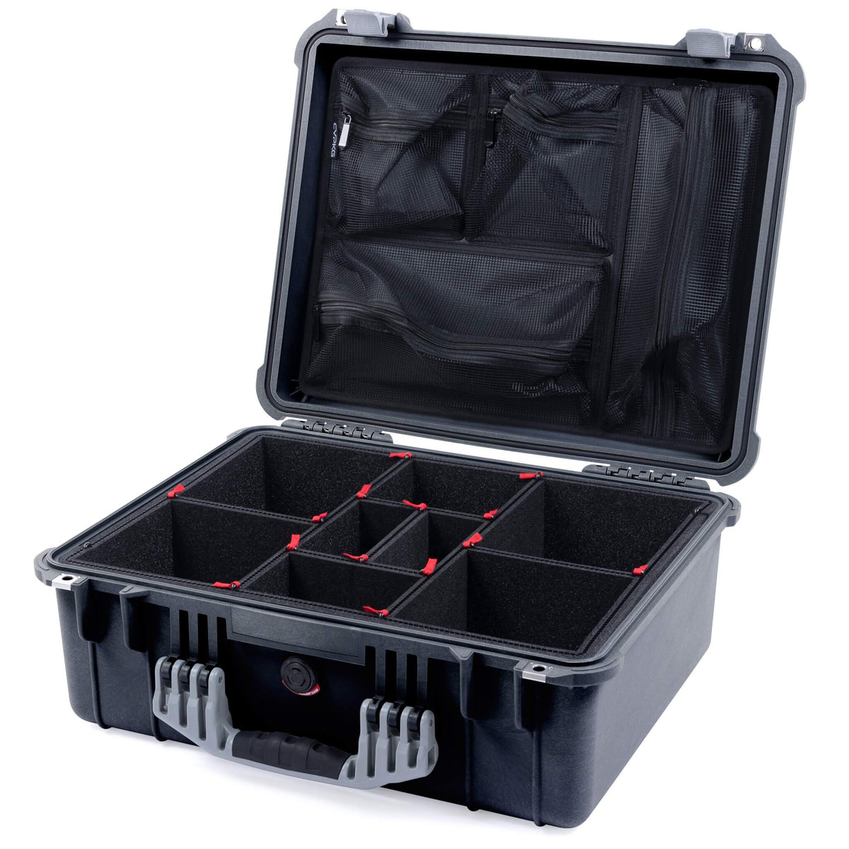 Pelican 1550 Case, Black with Silver Handle &amp; Latches TrekPak Divider System with Mesh Lid Organizer ColorCase 015500-0120-110-180
