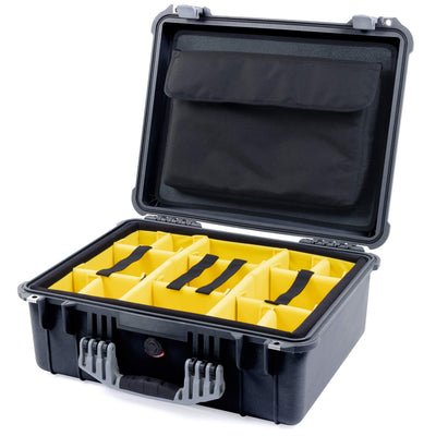 Pelican 1550 Case, Black with Silver Handle & Latches Yellow Padded Microfiber Dividers with Computer Pouch ColorCase 015500-0210-110-180