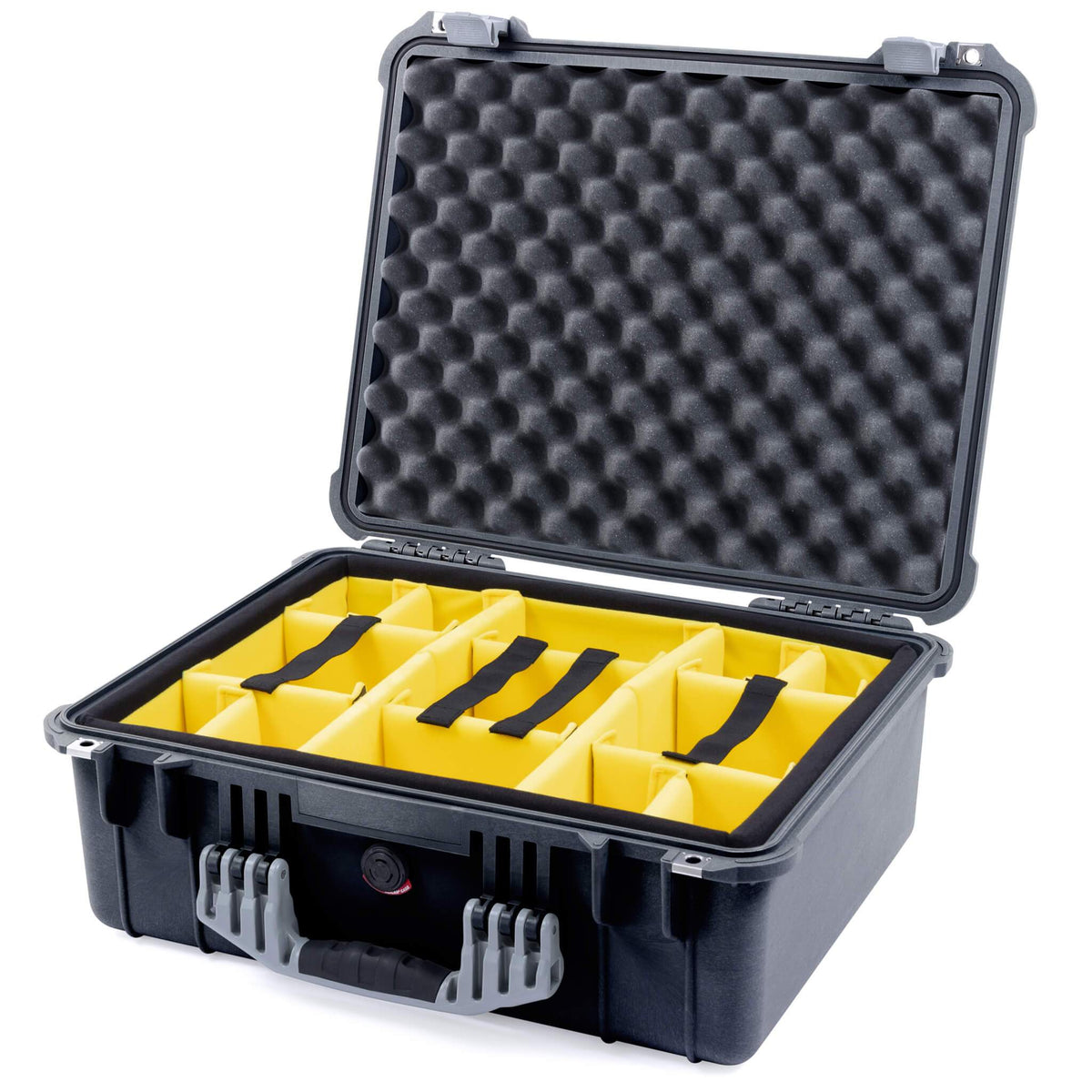 Pelican 1550 Case, Black with Silver Handle &amp; Latches Yellow Padded Microfiber Dividers with Convolute Lid Foam ColorCase 015500-0010-110-180