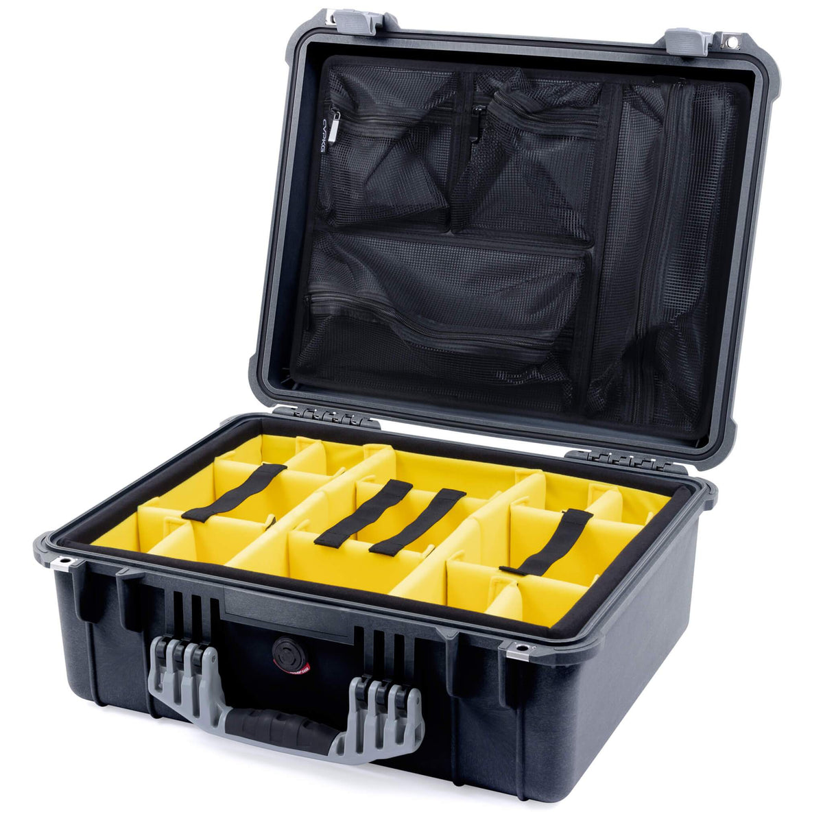 Pelican 1550 Case, Black with Silver Handle &amp; Latches Yellow Padded Microfiber Dividers with Mesh Lid Organizer ColorCase 015500-0110-110-180
