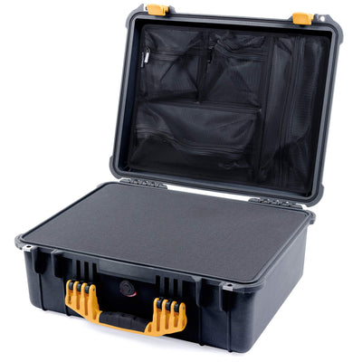 Pelican 1550 Case, Black with Yellow Handle & Latches Pick & Pluck Foam with Mesh Lid Organizer ColorCase 015500-0101-110-240