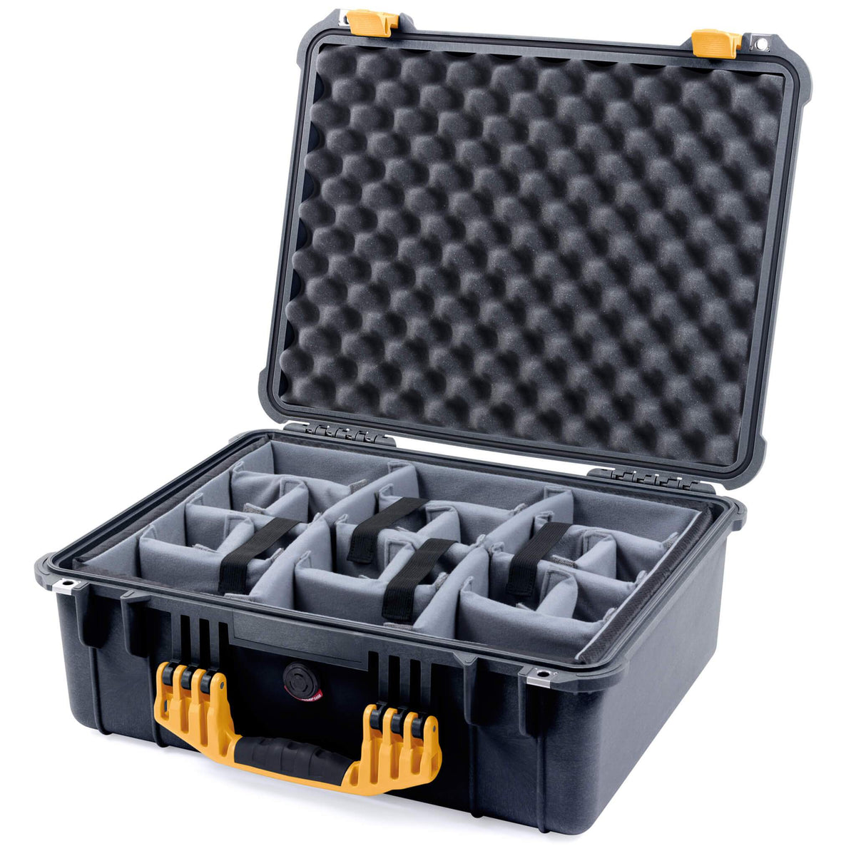 Pelican 1550 Case, Black with Yellow Handle &amp; Latches Gray Padded Microfiber Dividers with Convolute Lid Foam ColorCase 015500-0070-110-240