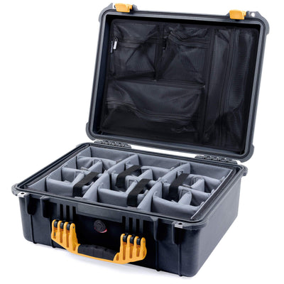 Pelican 1550 Case, Black with Yellow Handle & Latches Gray Padded Microfiber Dividers with Mesh Lid Organizer ColorCase 015500-0170-110-240