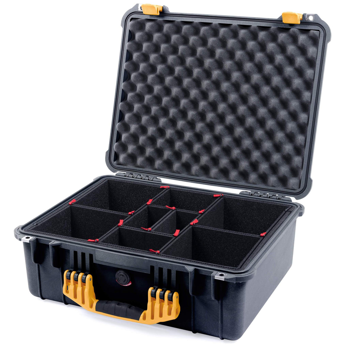 Pelican 1550 Case, Black with Yellow Handle &amp; Latches TrekPak Divider System with Convolute Lid Foam ColorCase 015500-0020-110-240