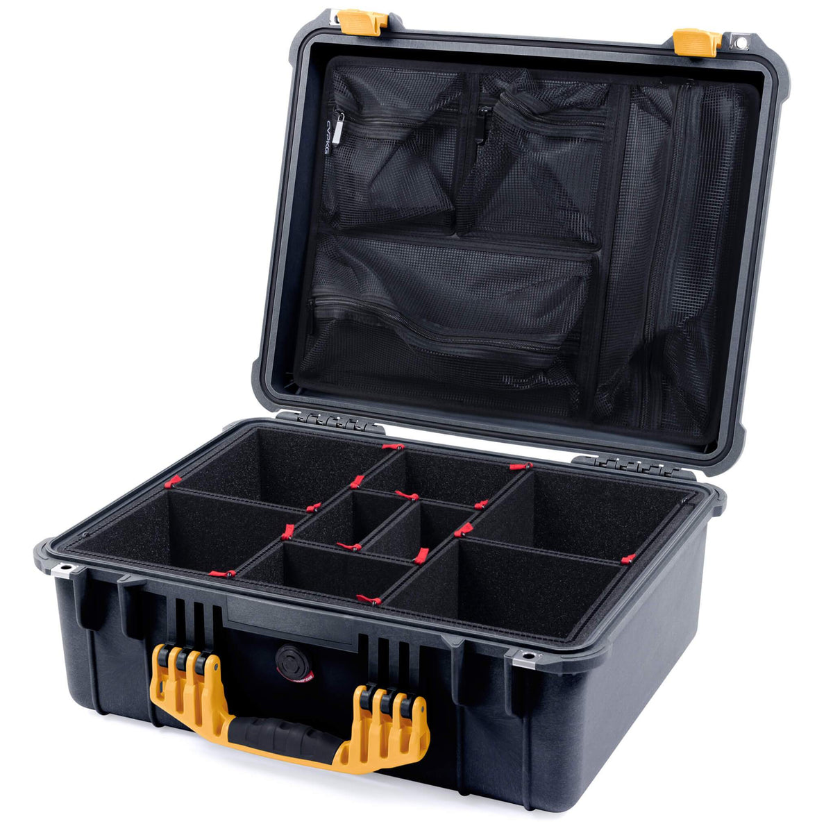 Pelican 1550 Case, Black with Yellow Handle &amp; Latches TrekPak Divider System with Mesh Lid Organizer ColorCase 015500-0120-110-240