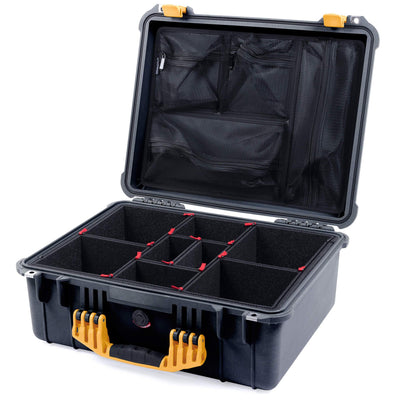 Pelican 1550 Case, Black with Yellow Handle & Latches TrekPak Divider System with Mesh Lid Organizer ColorCase 015500-0120-110-240