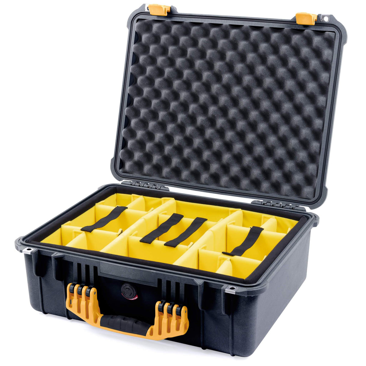 Pelican 1550 Case, Black with Yellow Handle &amp; Latches Yellow Padded Microfiber Dividers with Convolute Lid Foam ColorCase 015500-0010-110-240