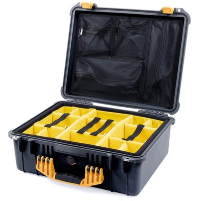 Pelican 1550 Case, Black with Yellow Handle & Latches Yellow Padded Microfiber Dividers with Mesh Lid Organizer ColorCase 015500-0110-110-240