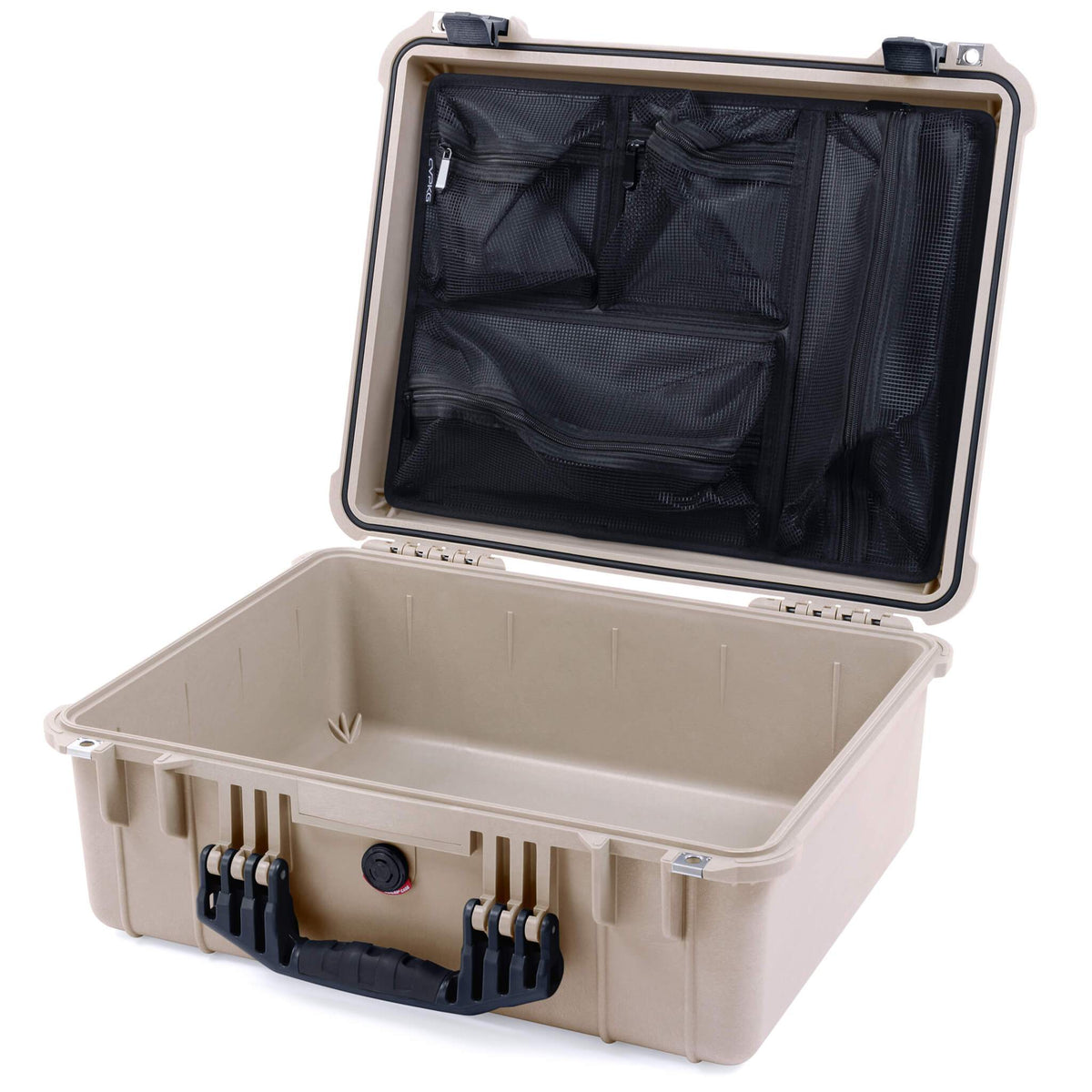 Pelican 1550 Case, Desert Tan with Black Handle &amp; Latches Mesh Lid Organizer Only ColorCase 015500-0100-310-110