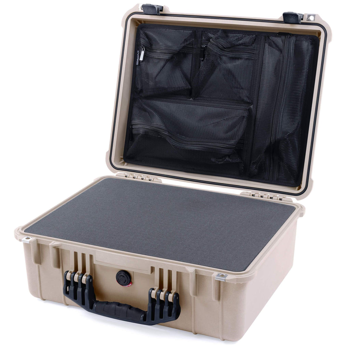 Pelican 1550 Case, Desert Tan with Black Handle &amp; Latches Pick &amp; Pluck Foam with Mesh Lid Organizer ColorCase 015500-0101-310-110