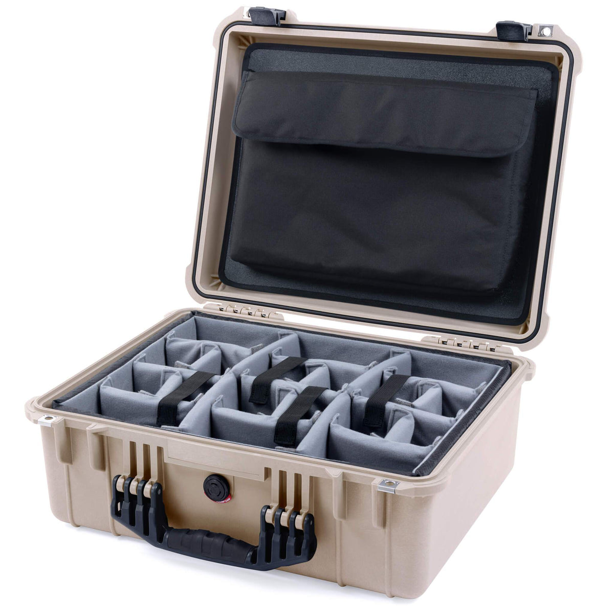 Pelican 1550 Case, Desert Tan with Black Handle &amp; Latches Gray Padded Microfiber Dividers with Computer Pouch ColorCase 015500-0270-310-110