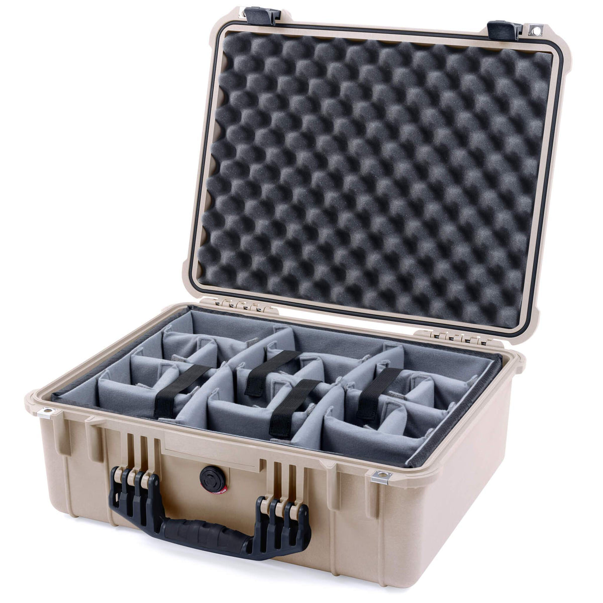 Pelican 1550 Case, Desert Tan with Black Handle &amp; Latches Gray Padded Microfiber Dividers with Convolute Lid Foam ColorCase 015500-0070-310-110