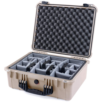 Pelican 1550 Case, Desert Tan with Black Handle & Latches Gray Padded Microfiber Dividers with Convolute Lid Foam ColorCase 015500-0070-310-110