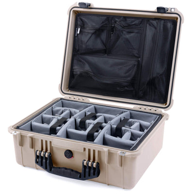 Pelican 1550 Case, Desert Tan with Black Handle & Latches Gray Padded Microfiber Dividers with Mesh Lid Organizer ColorCase 015500-0170-310-110