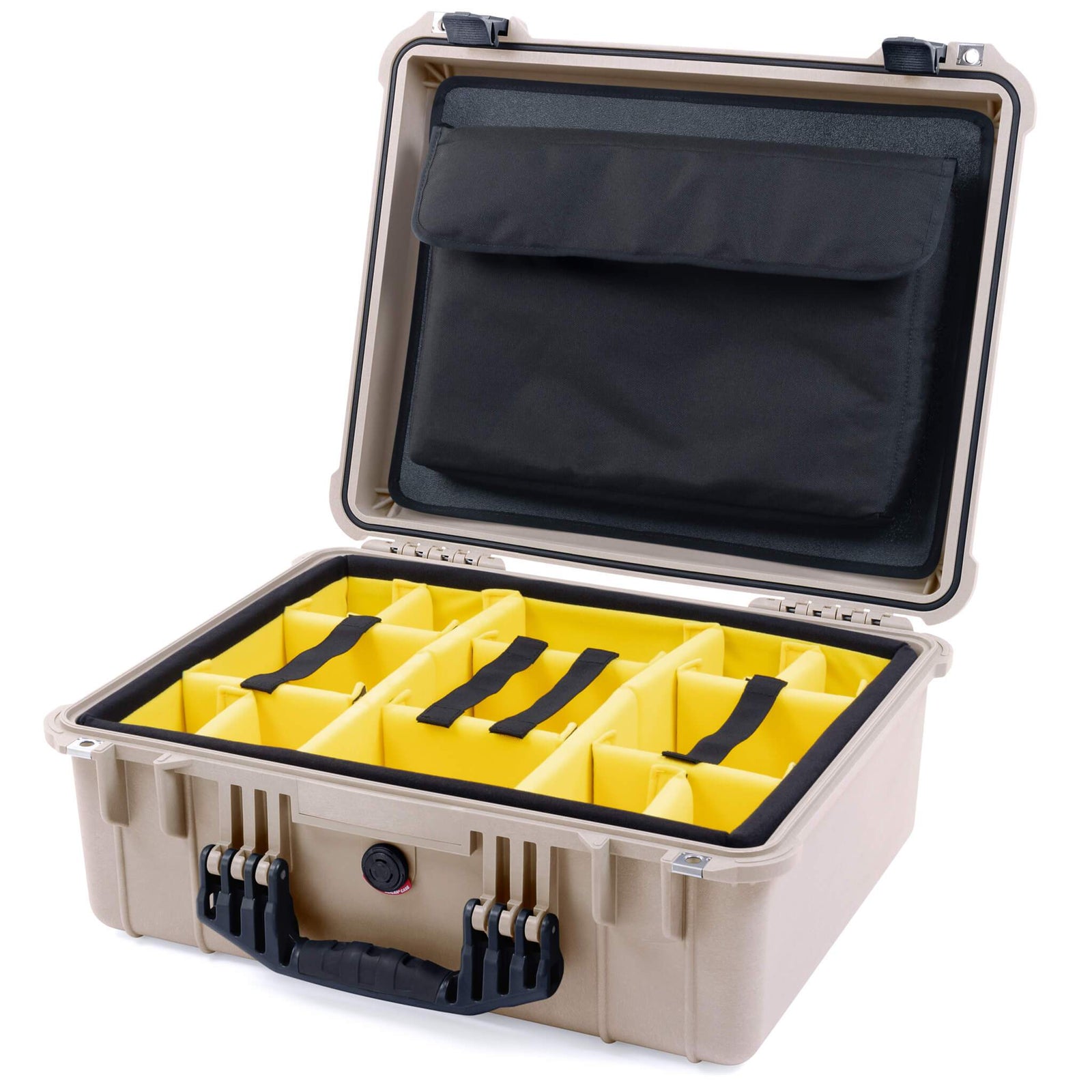 Pelican 1550 Case, Desert Tan with Black Handle & Latches Yellow Padded Microfiber Dividers with Computer Pouch ColorCase 015500-0210-310-110
