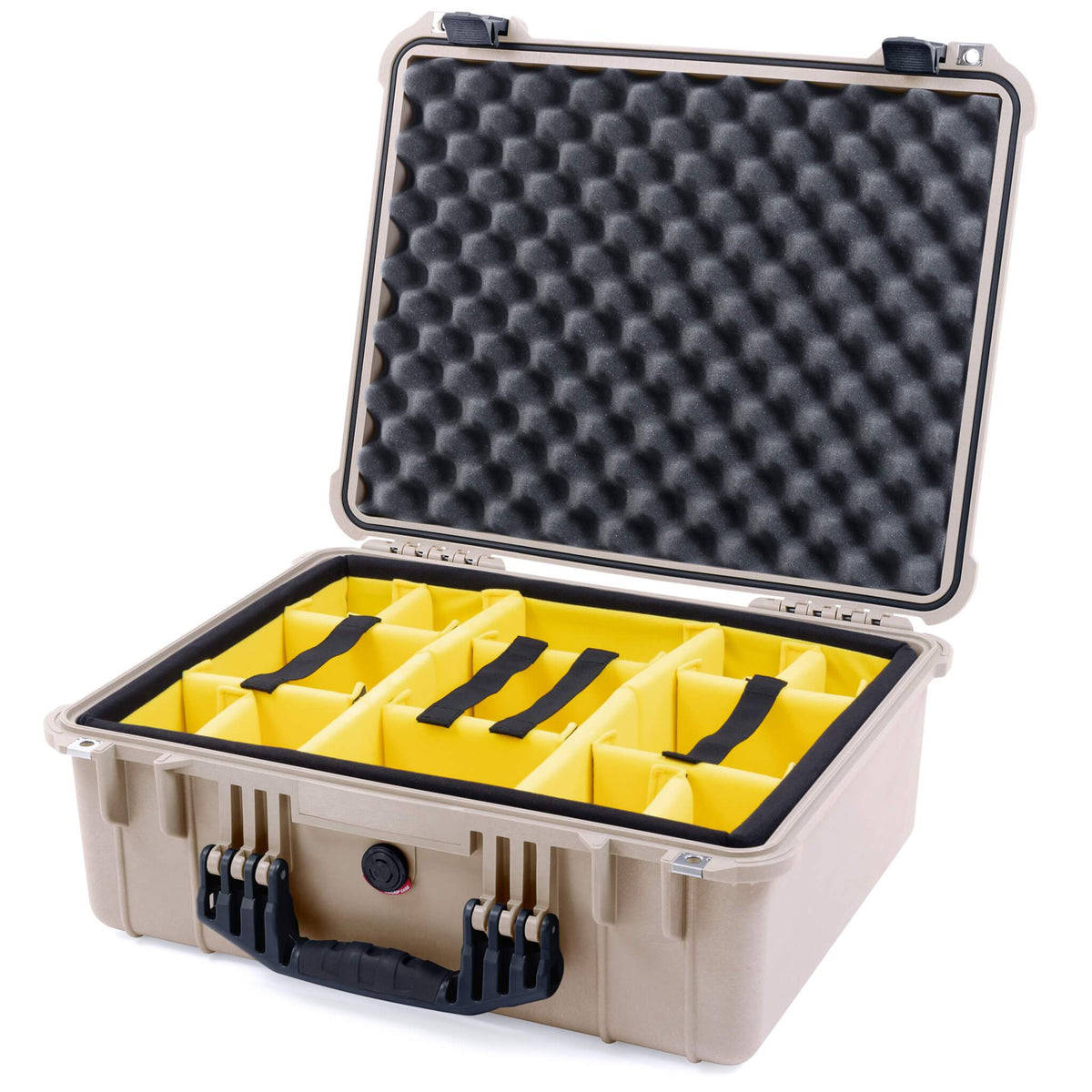 Pelican 1550 Case, Desert Tan with Black Handle &amp; Latches Yellow Padded Microfiber Dividers with Convolute Lid Foam ColorCase 015500-0010-310-110