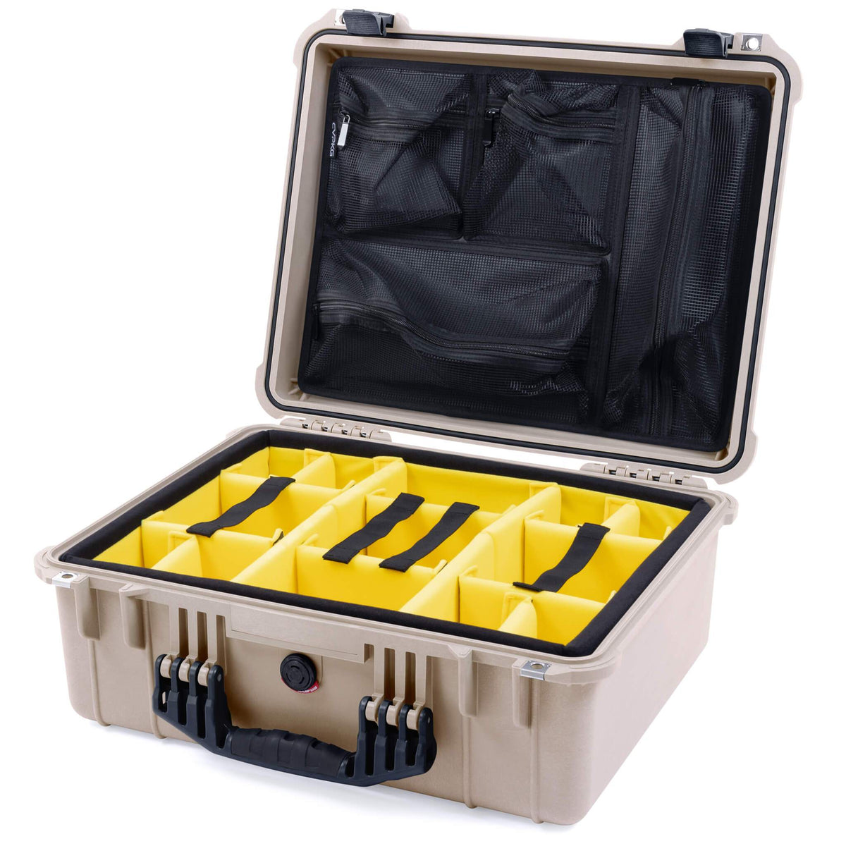Pelican 1550 Case, Desert Tan with Black Handle &amp; Latches Yellow Padded Microfiber Dividers with Mesh Lid Organizer ColorCase 015500-0110-310-110