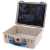 Pelican 1550 Case, Desert Tan with Blue Handle & Latches Mesh Lid Organizer Only ColorCase 015500-0100-310-120