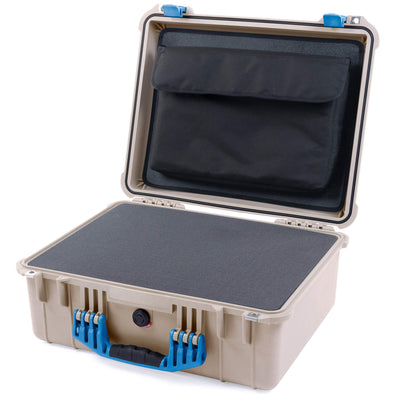 Pelican 1550 Case, Desert Tan with Blue Handle & Latches Pick & Pluck Foam with Computer Pouch ColorCase 015500-0201-310-120