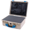Pelican 1550 Case, Desert Tan with Blue Handle & Latches Pick & Pluck Foam with Mesh Lid Organizer ColorCase 015500-0101-310-120