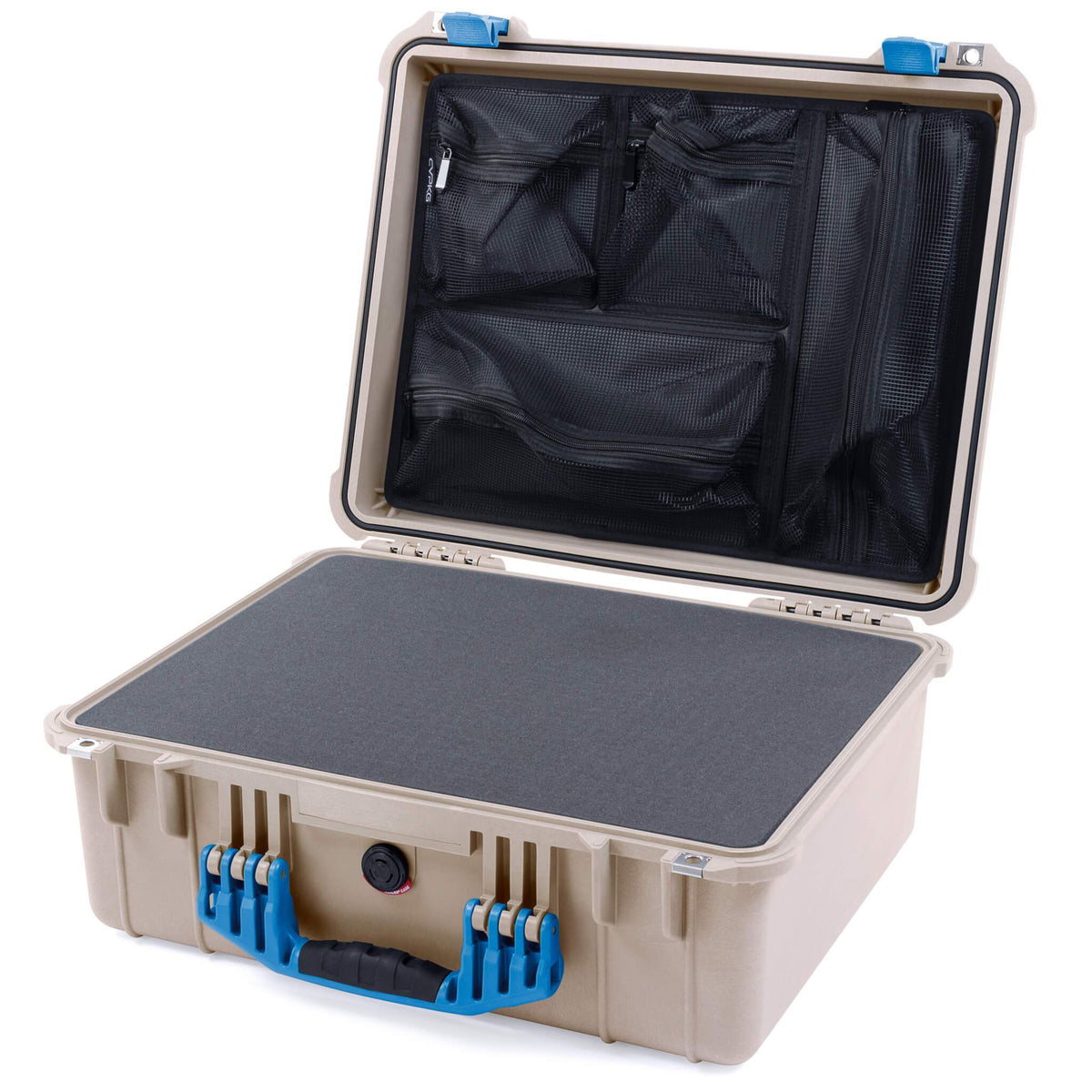 Pelican 1550 Case, Desert Tan with Blue Handle &amp; Latches Pick &amp; Pluck Foam with Mesh Lid Organizer ColorCase 015500-0101-310-120