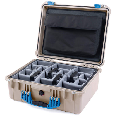 Pelican 1550 Case, Desert Tan with Blue Handle & Latches Gray Padded Microfiber Dividers with Computer Pouch ColorCase 015500-0270-310-120